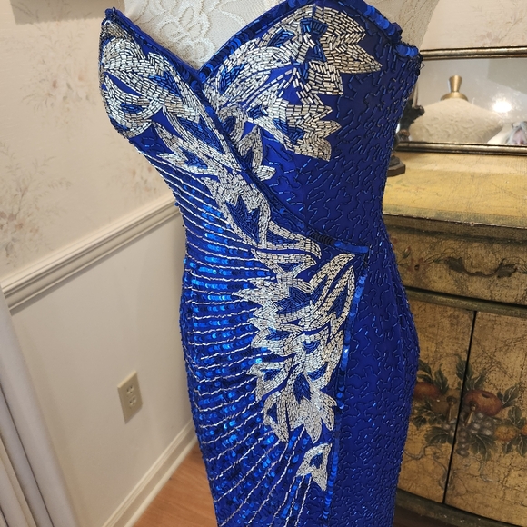 Della Roufogali Dore Fully Beaded Royal Blue & Silver 90s Evening Gown 4 Small - Picture 8 of 11